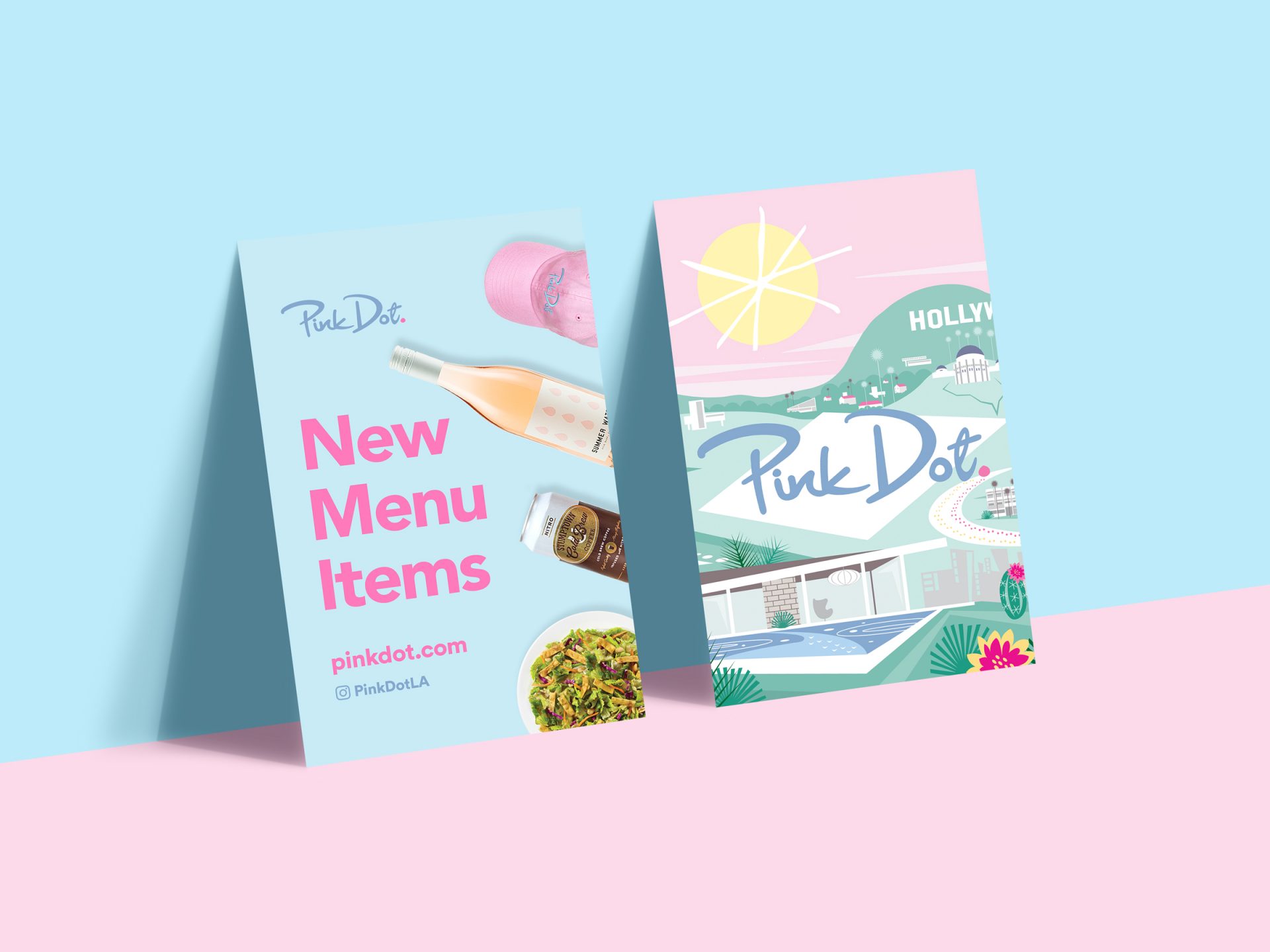 Pink Dot print collateral — menu promo and Hollywood postcard